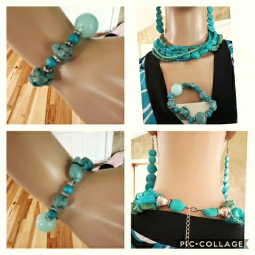 Howlite & Turquiose statement Necklace Earrings & Bracelet Set 3 NWOT - Picture 5 of 7